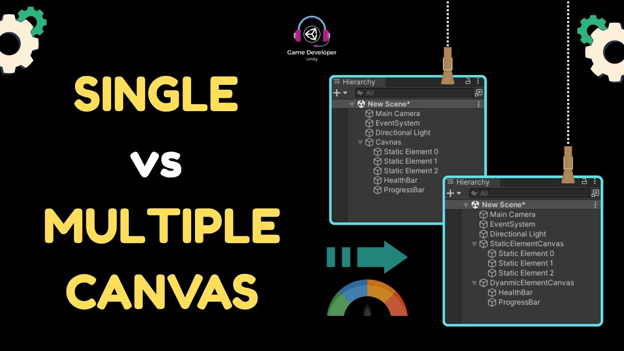 Game_Dev_Unity's tweet card. Unity UI Performance: Single vs. Multiple Canvas || #unitygameengine...