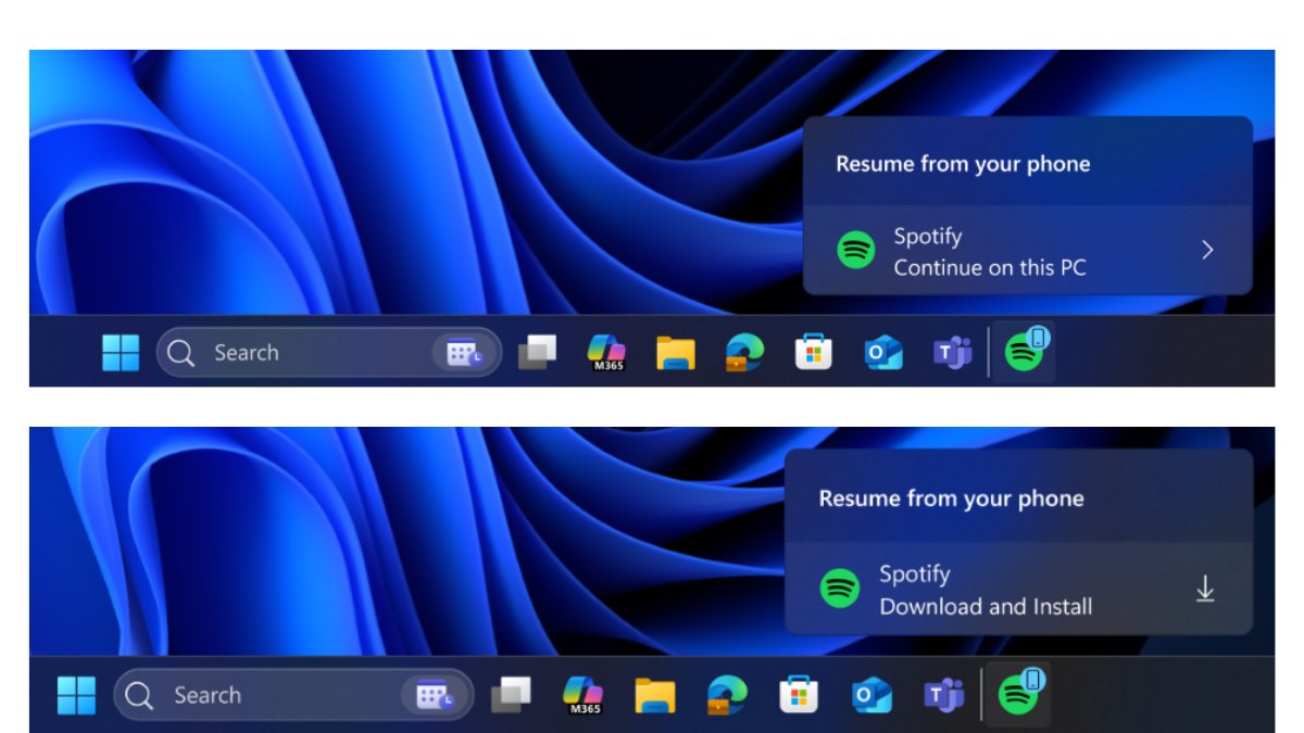 BSTechOfficial's tweet card. The Windows 11 beta version aimed at developers lets users resume Android apps on their PC, starting with Spotify, allowing tracks and episodes to continue playing from phone to desktop