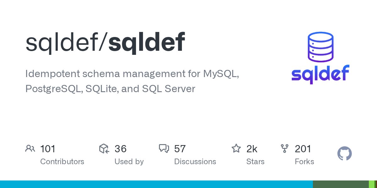 aWebprogrammer's tweet card. Idempotent schema management for MySQL, PostgreSQL, SQLite, and SQL Server - sqldef/sqldef