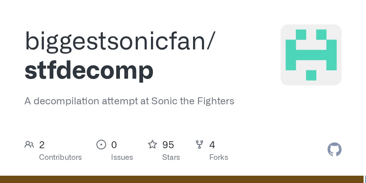 biggestsonicfan's tweet card. A decompilation attempt at Sonic the Fighters. Contribute to biggestsonicfan/stfdecomp development by creating an account on GitHub.