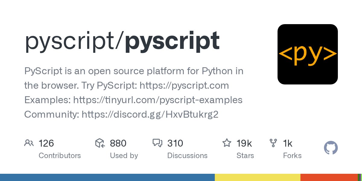 JeffersGlass's tweet card. PyScript is an open source platform for Python in the browser. Try PyScript: https://pyscript.com Examples: https://tinyurl.com/pyscript-examples Community: https://discord.gg/HxvBtukrg2 - pyscri...