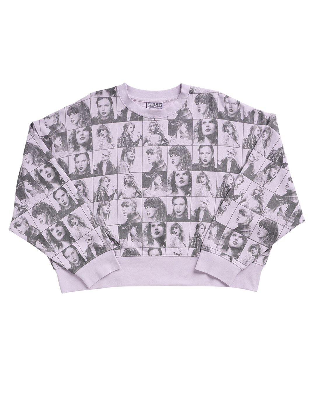 swiftpitch_py's tweet card. Lavender cropped crewneck featuring an all over print of photos of Taylor Swift. French Terry100% cotton Limit 10 per order. Taylor Swift® ©2023 TAS Rights Management, LLC Used By Permission. All...