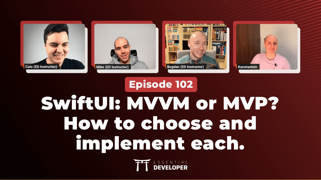 essentialdevcom's tweet card. Want to learn how to choose between MVVM and MVP when using SwiftUI? Or how to pass dependencies to distant SwiftUI views without the service locator anti-pattern? Or how/when to migrate from UIKit...