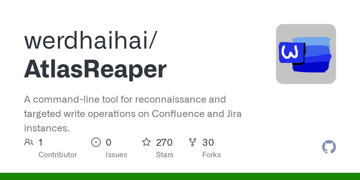 werdhaihai's tweet card. A command-line tool for reconnaissance and targeted write operations on Confluence and Jira instances. - GitHub - werdhaihai/AtlasReaper: A command-line tool for reconnaissance and targeted write ...