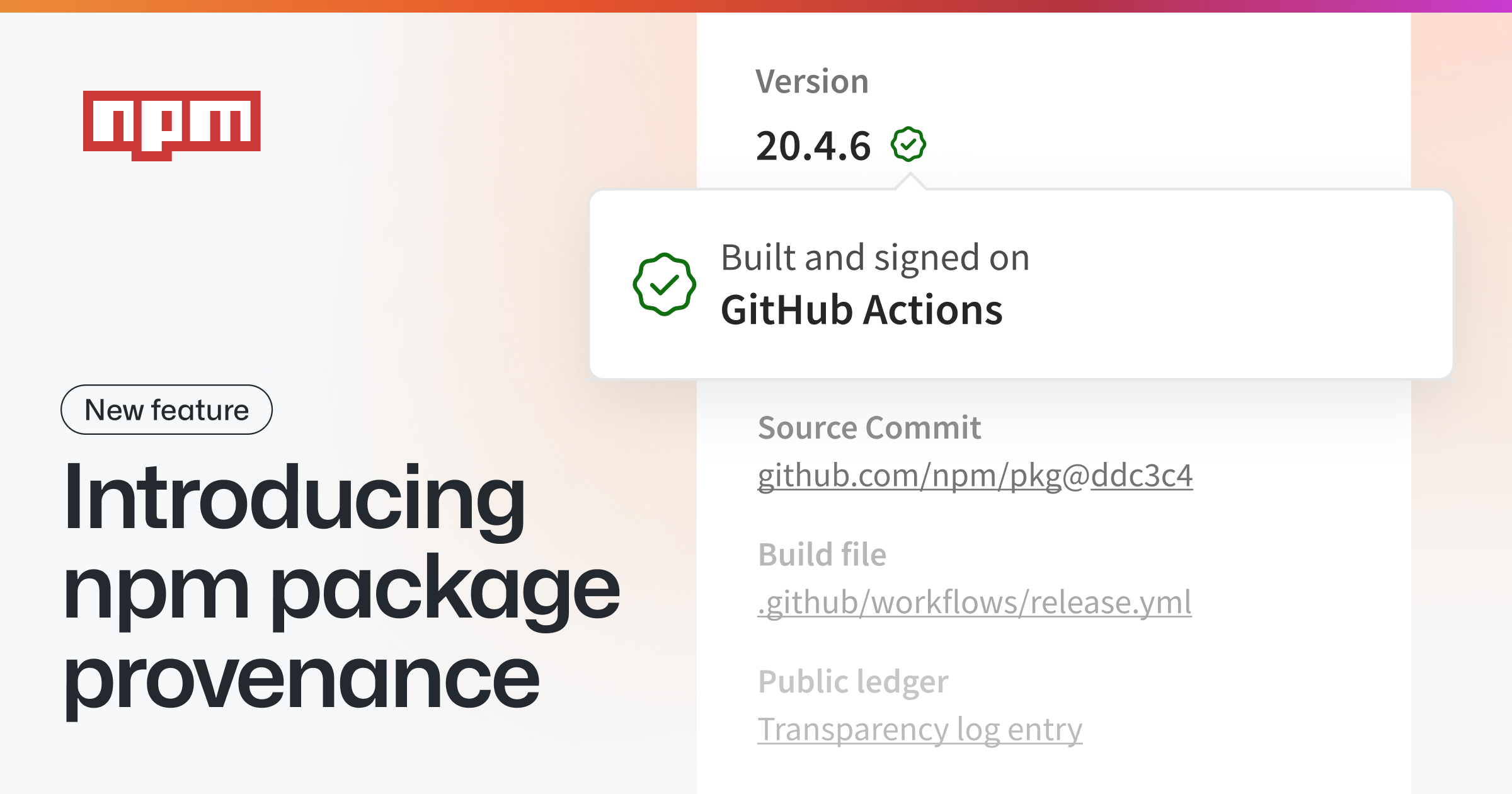 npmjs's tweet card. How to verifiably link npm packages to their source repository and build instructions.