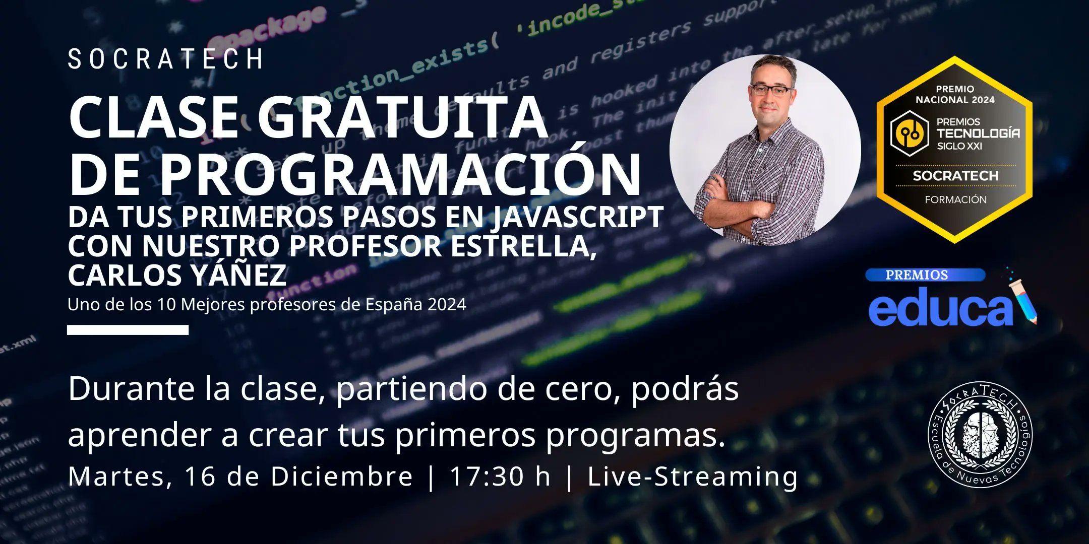 socratech_'s tweet card. Prueba gratis la primera clase del Bootcamp Full-Stack Web Developer, aprende JavaScript y descubre cómo es la formación desde dentro. En esta primera clase gratuita, darás tus primeros pasos en...