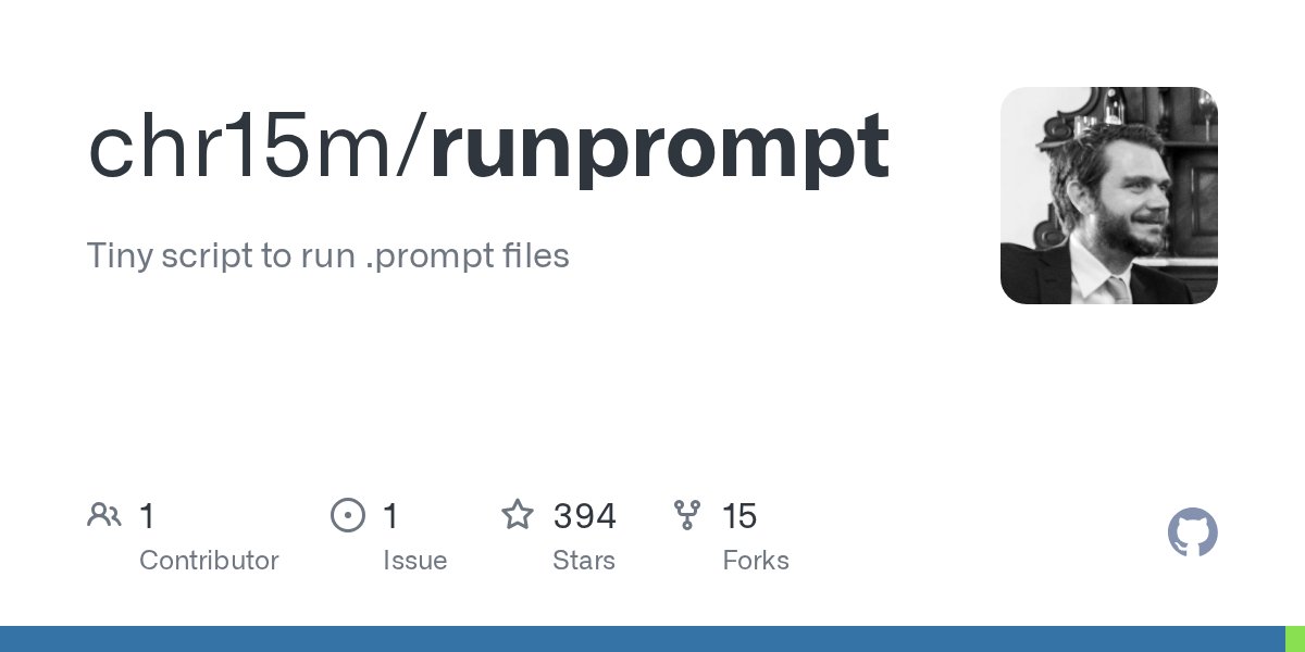 PythonHub's tweet card. Tiny script to run .prompt files. Contribute to chr15m/runprompt development by creating an account on GitHub.