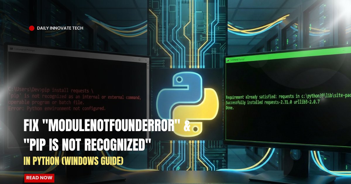 daily_innovate's tweet card. Cannot run your Python script? Learn how to fix PATH environment variables and Virtual Environment issues to solve "pip is not recognized" errors inst