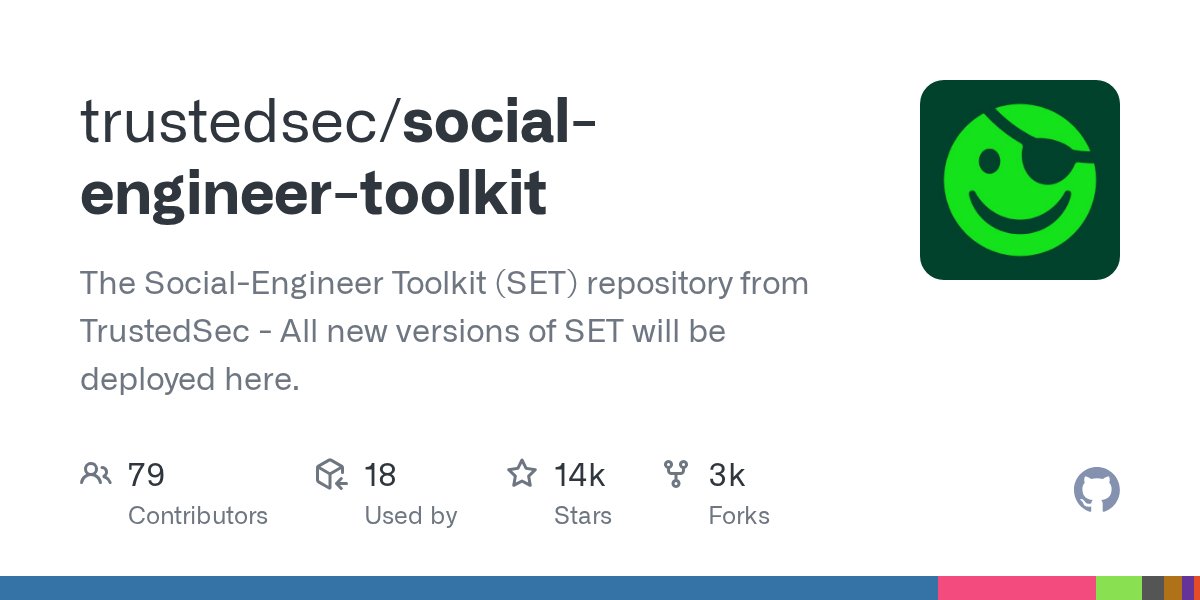 PythonHub's tweet card. The Social-Engineer Toolkit (SET) repository from TrustedSec - All new versions of SET will be deployed here. - trustedsec/social-engineer-toolkit