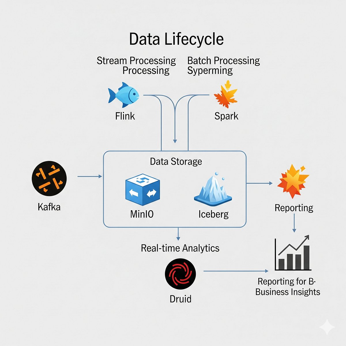 Igfasouza's tweet card. A step-by-step guide to deploying a complete, Dockerized data stack with Kafka, Flink, Spark, Druid, Airflow, and Iceberg for both…