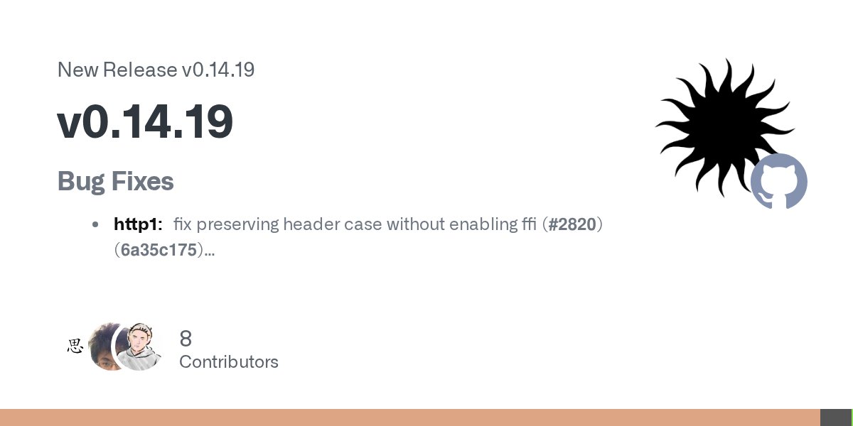 seanmonstar's tweet card. Bug Fixes http1: fix preserving header case without enabling ffi (#2820) (6a35c175) server: don't add implicit content-length to HEAD responses (#2836) (67b73138) Features server: add Conne...