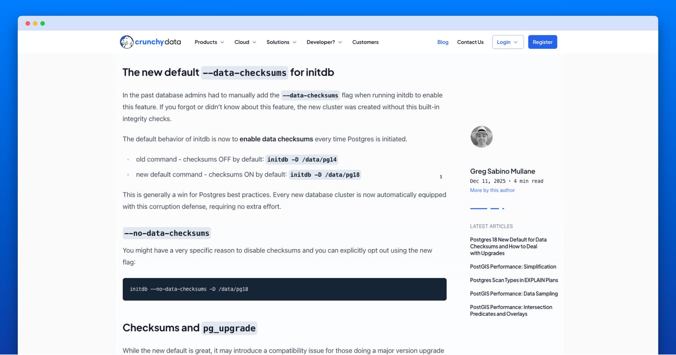 planetpostgres's tweet card. Postgres 18 defaults to checksums on. This is a good feature for data integrity but might catch you off guard with an upgrade.