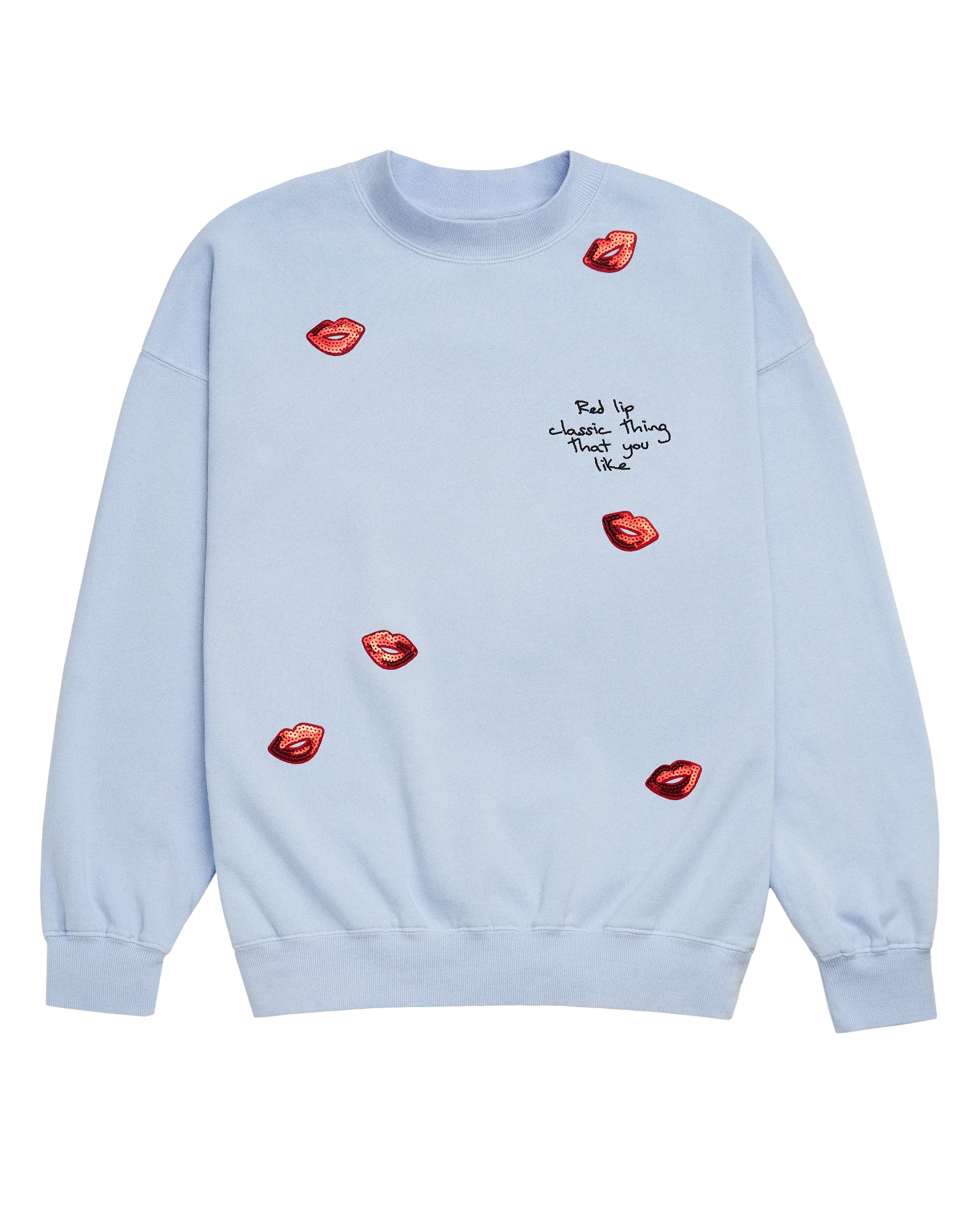 swiftpitch_py's tweet card. Blue long sleeve crewneck sweatshirt featuring "Red lip classic thing that you like" song lyrics embroidered on front with red sequin lip appliques on front and back.Standard fit.80% Cotton, 20%...