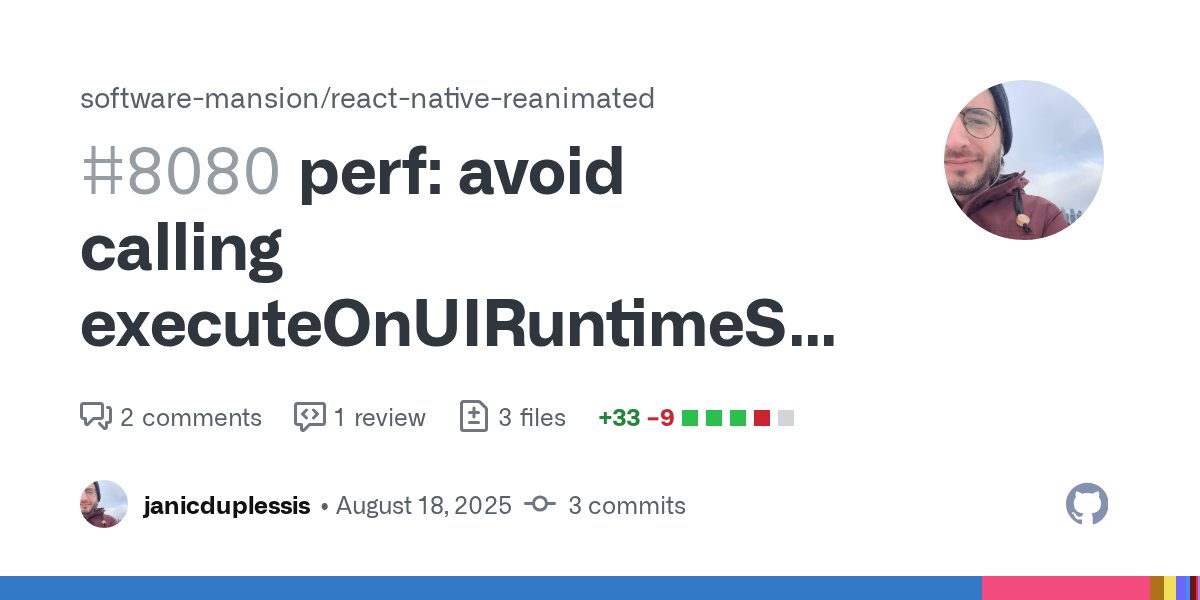 shubhporwal24's tweet card. Summary executeOnUIRuntimeSync is pretty slow, especially on low end android devices, and always comes up at the top when profiling apps, especially on older RN versions. The idea is to use the ini...