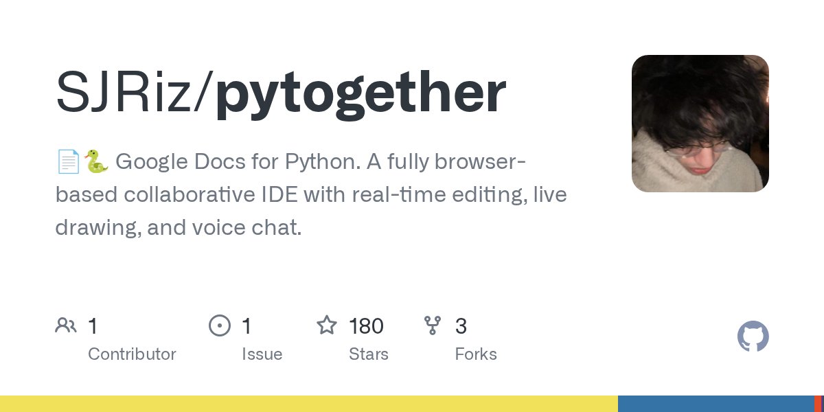 topickapp_com's tweet card. 📄🐍 Google Docs for Python. A fully browser-based collaborative IDE with real-time editing, live drawing, and voice chat. - SJRiz/pytogether