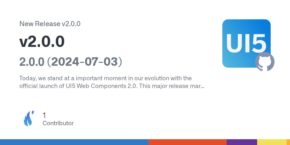 ui5webcomps's tweet card. 2.0.0 (2024-07-03) Today, we stand at a important moment in our evolution with the official launch of UI5 Web Components 2.0. This major release marks a new era, enhancing performance and reliabili...