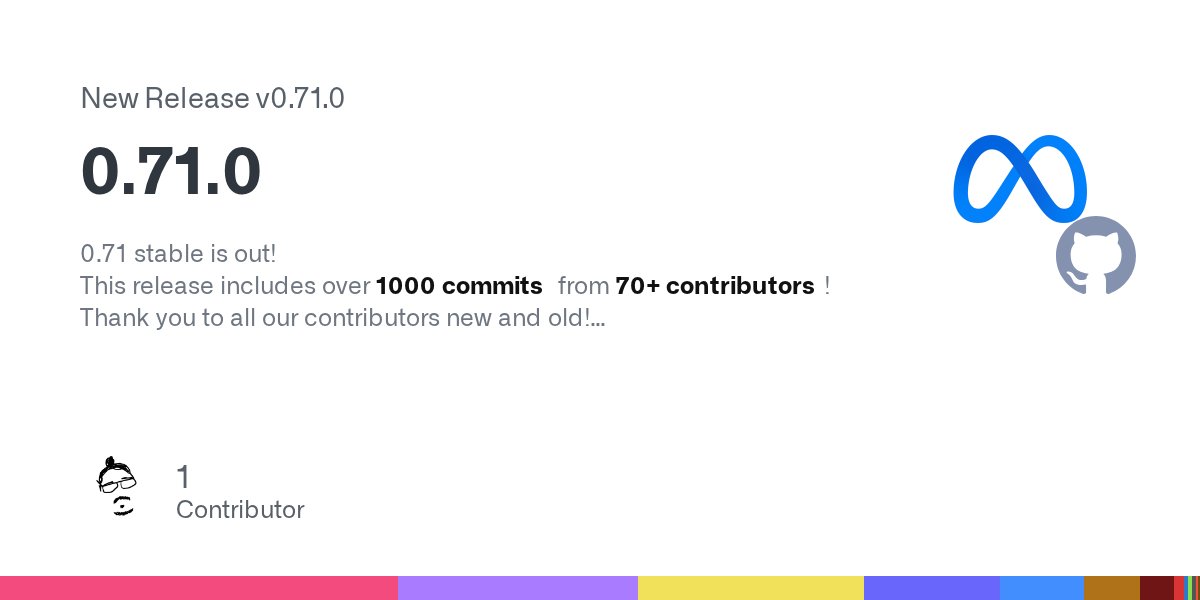 ReactNativeBlog's tweet card. 0.71 stable is out! This release includes over 1000 commits from 70+ contributors! Thank you to all our contributors new and old! See the highlights of the release in our release blog post. ⚠️ Git...