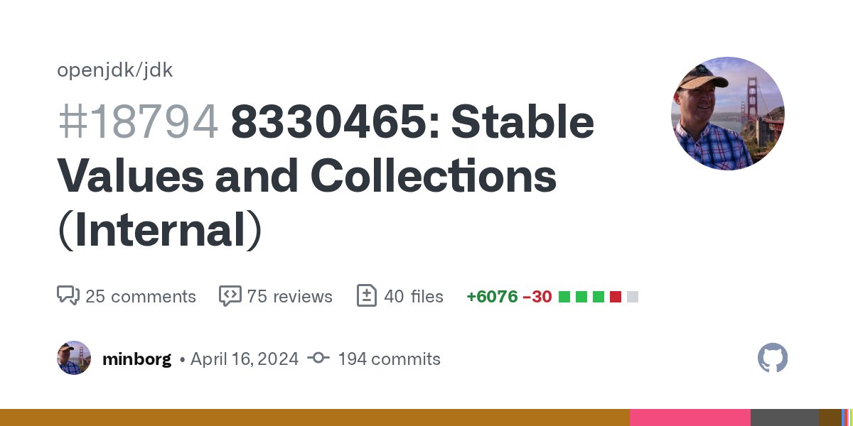 PMinborg's tweet card. Stable Values & Collections (Internal) Summary This PR proposes to introduce an internal Stable Values & Collections API, which provides immutable value holders where elements are i...
