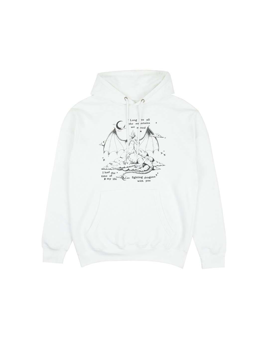 swiftpitch_py's tweet card. White hoodie featuring dragon illustration with "Long live all the mountains we moved. I had the time of my life. fighting dragons with you" song lyrics printed on front. Standard fit.80% ringspun...