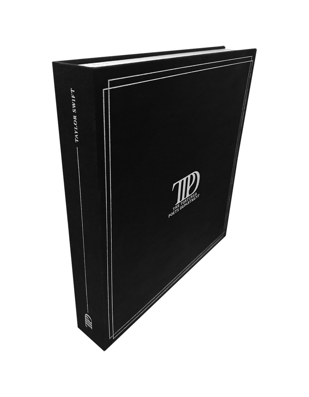 swiftpitch_py's tweet card. Black vinyl display case featuring metallic silver double line border design, "TTPD" album logo, and "The Tortured Poets Department" embossed on front with "TTPD" album logo, line design, and "Taylor...