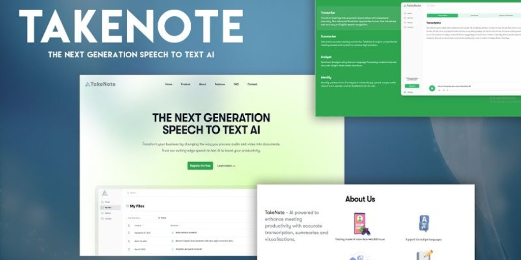 TakeNoteAI's tweet card. AI power to enhance meeting productivity with accurate transcription, summaries and visualisations. Fast, accurate and secure. affordable? Transcribe your audio files up to 8 times faster than a...