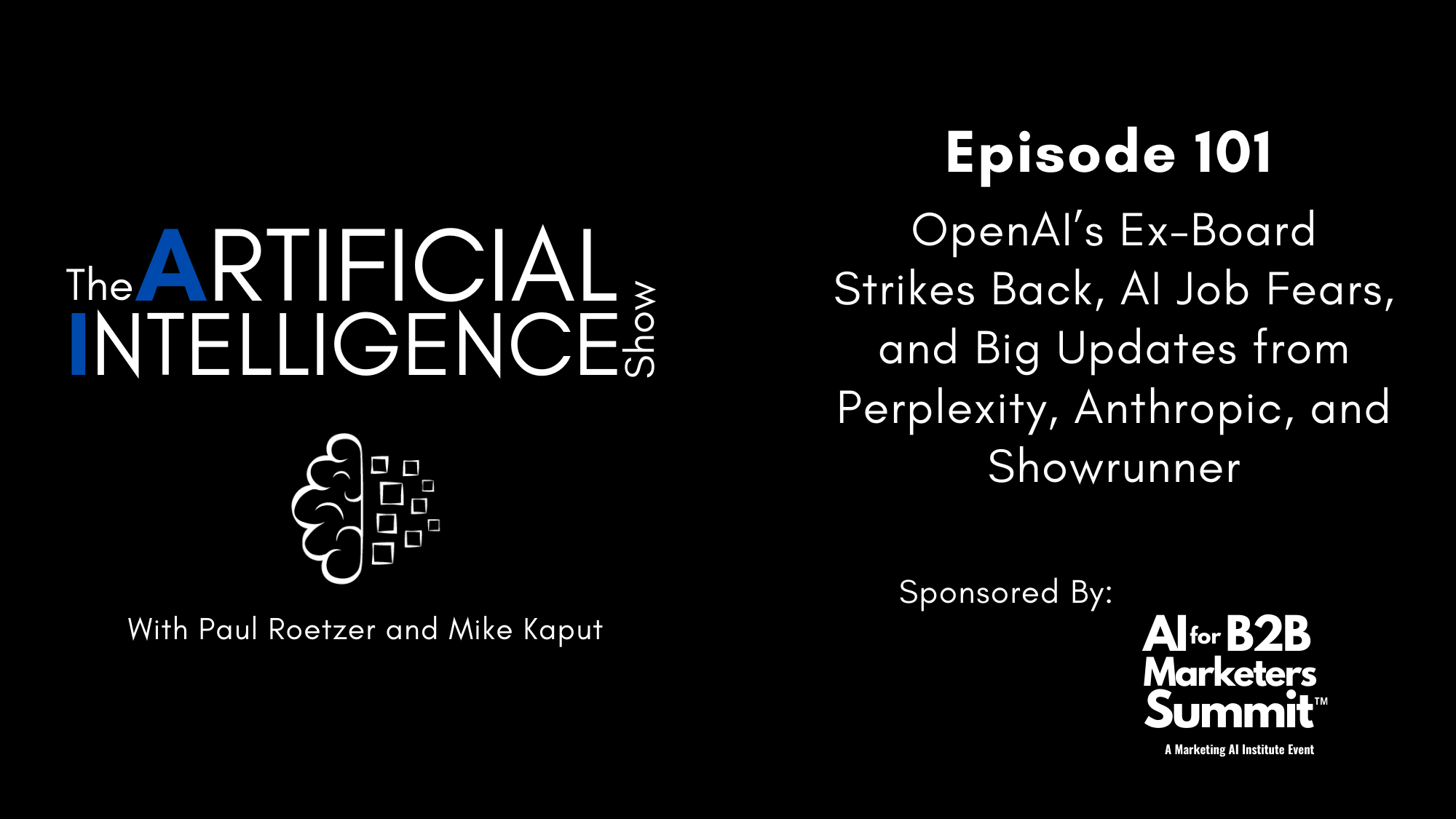 MktgAi's tweet card. Episode 101 of The Artificial Intelligence Show covers OpenAI’s movement forward amidst controversy, concerns grow over AI's impact on jobs, and AI tech updates abound.