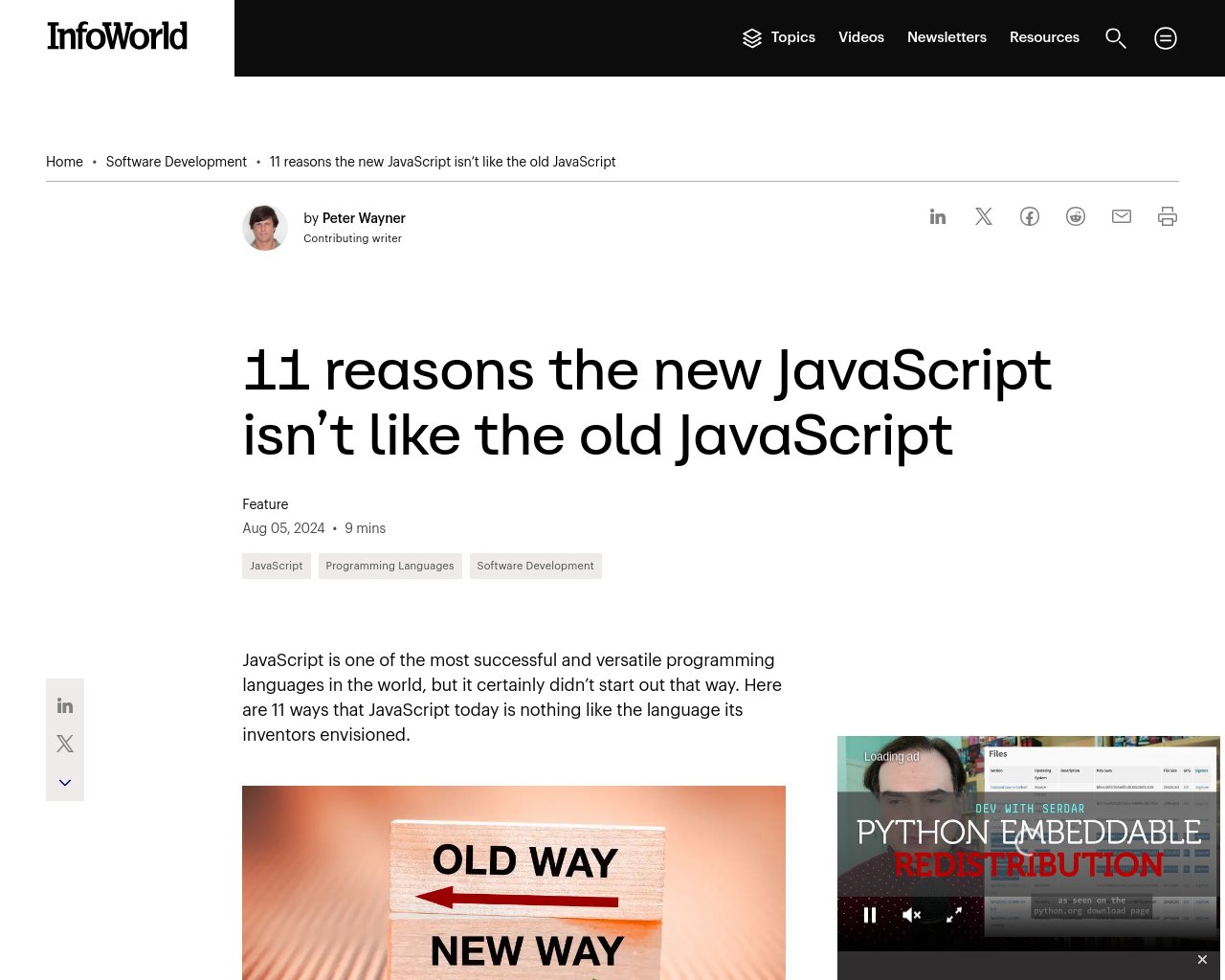 managetech_inc's tweet card. 要約： JavaScriptは1995年に開始され、当初は静的Webページに動きを追加することを目的としていた