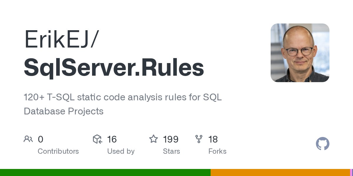 ErikEJ's tweet card. 120+ T-SQL static code analysis rules for SQL Database Projects - ErikEJ/SqlServer.Rules