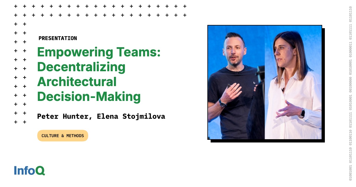 InfoQ's tweet card. Peter Hunter & Elena Stojmilova share Open GI's journey from a slow, legacy monolith to a cloud-native SaaS platform. They detail how adopting Team Topologies and a decentralized architectural...