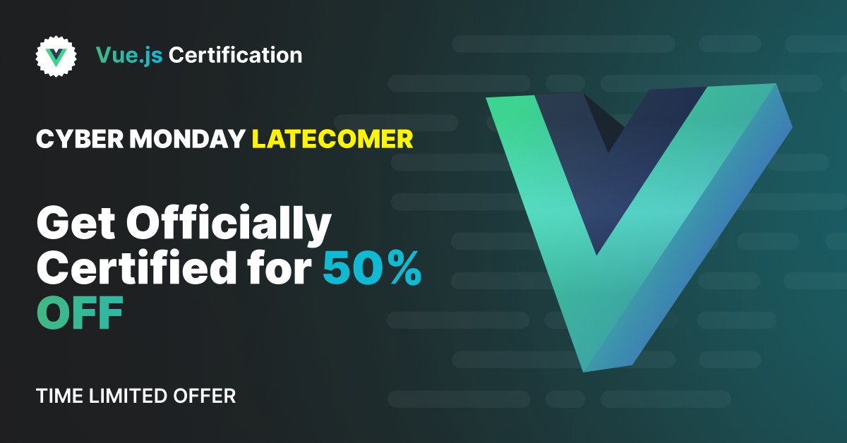 CertificatesDev's tweet card. Get your Vue.js expertise certified through our rigorous assessment program based on real-world challenges and practical-based online examinations.