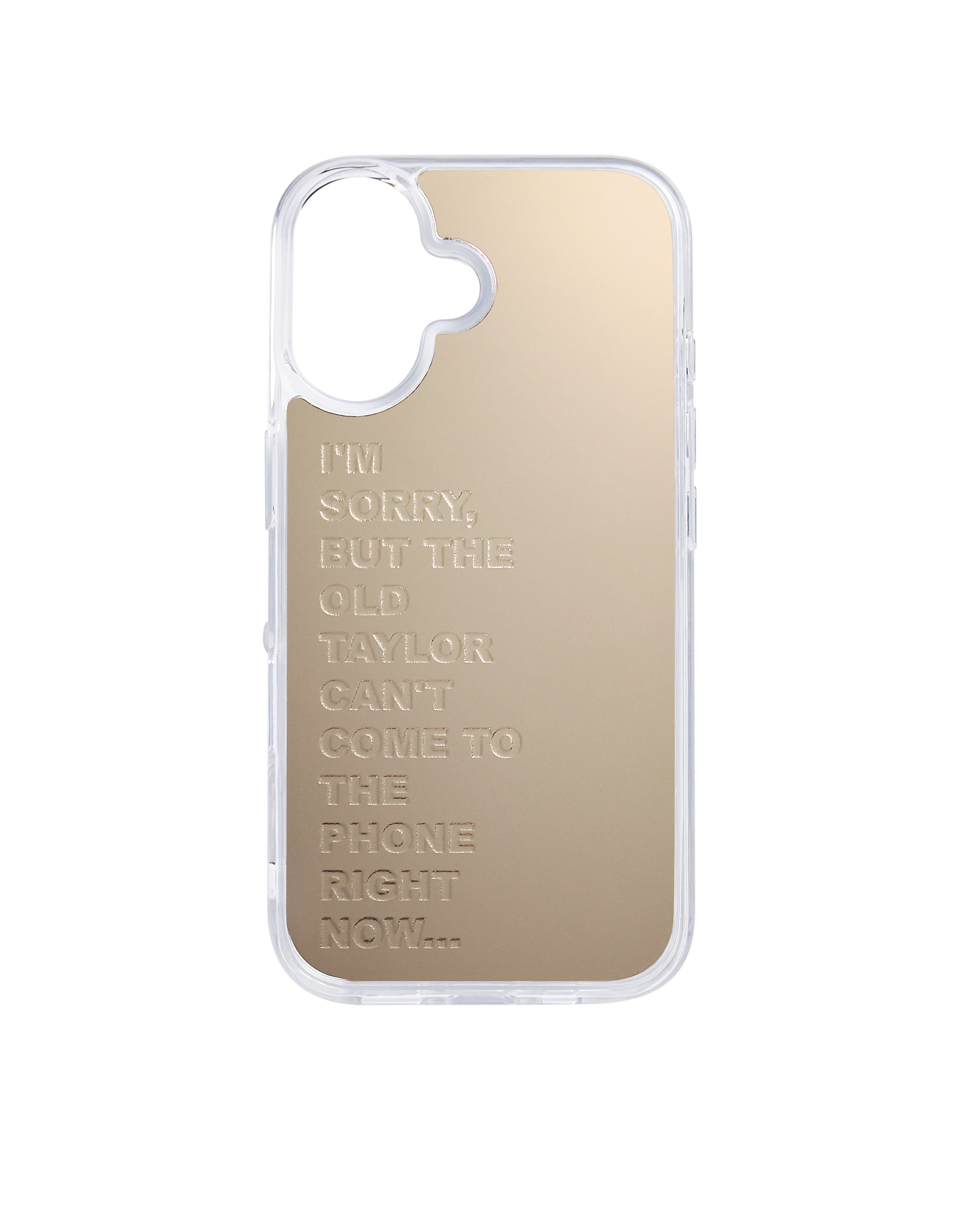 swiftpitch_py's tweet card. Gold mirror phone case featuring "I'm sorry but the old taylor can't come to the phone right now..." song lyrics debossed on front. TPU, Acrylic mirrorCompatible with iPhone 16, 16 Pro, 16, Pro Max,...