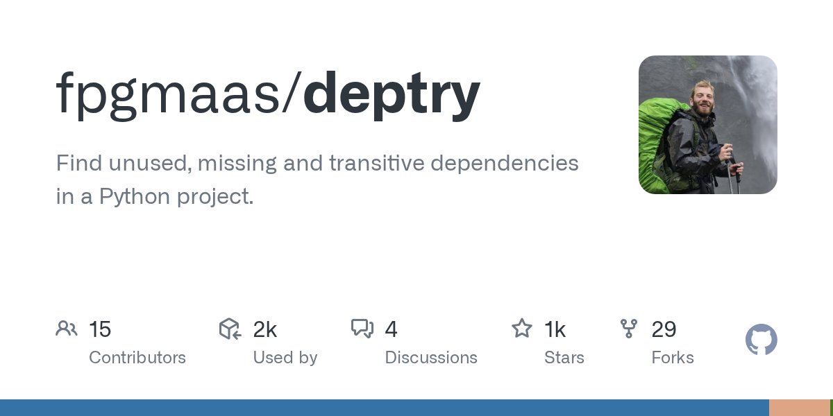 pycoders's tweet card. Find unused, missing and transitive dependencies in a Python project. - fpgmaas/deptry