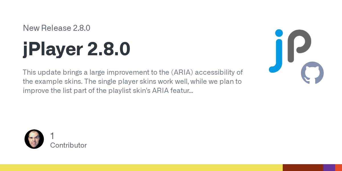 mpaciello's tweet card. This update brings a large improvement to the (ARIA) accessibility of the example skins. The single player skins work well, while we plan to improve the list part of the playlist skin's ARIA fe...