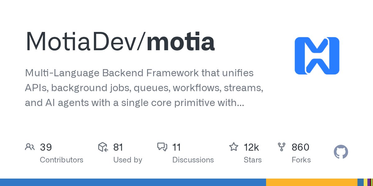 clxymox's tweet card. Multi-Language Backend Framework that unifies APIs, background jobs, queues, workflows, streams, and AI agents with a single core primitive with built-in observability and state management. - Motia...