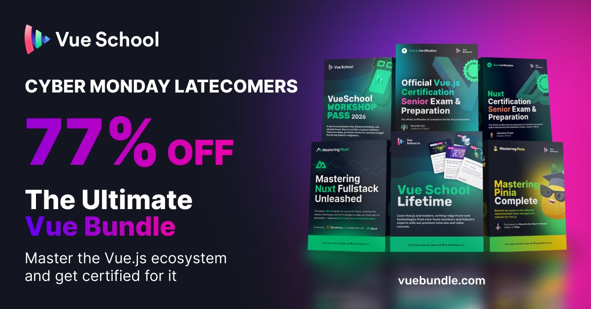 VueSchool_io's tweet card. Course bundles with all you will need to master the full Vue.js Ecosystem and the official Vue.js certification to prove it! Enjoy big savings the more you buy.