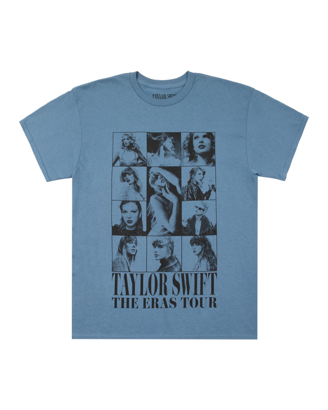 tmwb_overflow's tweet card. Blue t-shirt featuring photos of Taylor Swift and "Taylor Swift The Eras Tour" printed on front and "Taylor Swift The Eras Tour 2023-2024" and tour locations printed on back.Standard fit.100%...