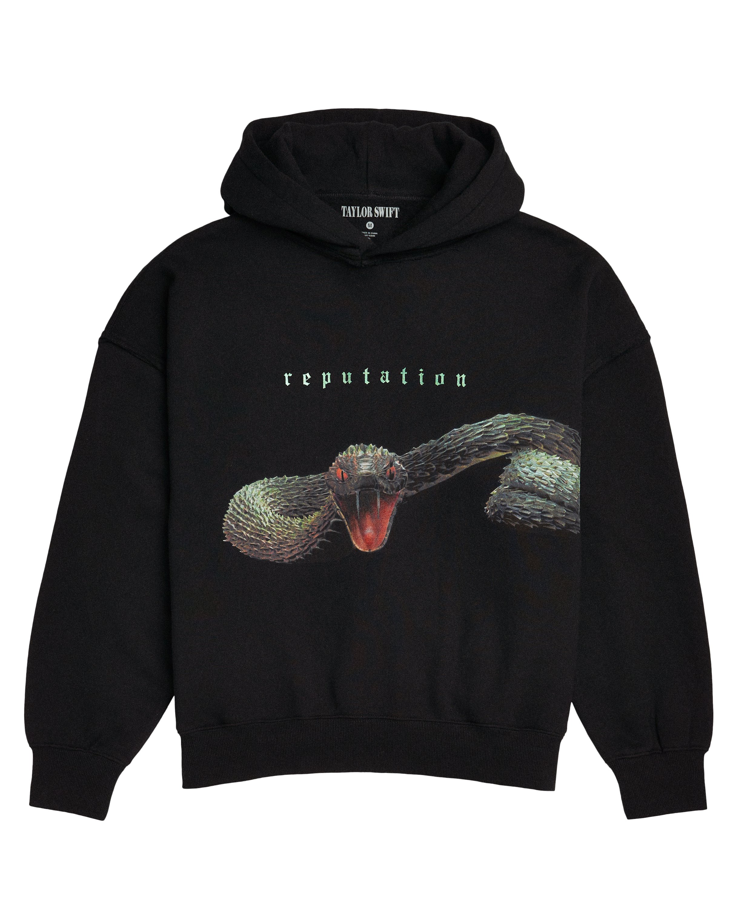 swiftpitch_py's tweet card. Black hoodie with waist pockets featuring "reputation" album logo in green metallic print on front with wrap around snake design printed on front and back.Standard fit. 100% CottonLimit 4 per...