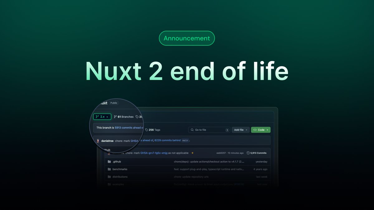 nuxt_js's tweet card. Nuxt 2 will reach End of Life (EOL) on June 30th, 2024. We've partnered with HeroDevs on offering Never-Ending Support (NES).