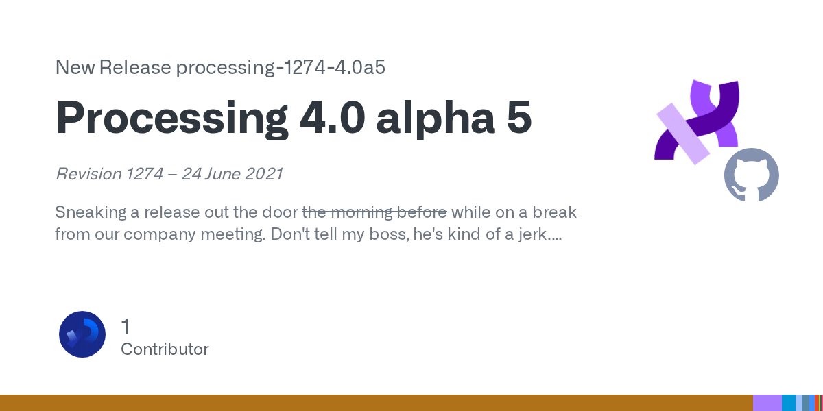 ben_fry's tweet card. Revision 1274 – 24 June 2021 Sneaking a release out the door the morning before while on a break from our company meeting. Don't tell my boss, he's kind of a jerk. Known Bugs Code complet...