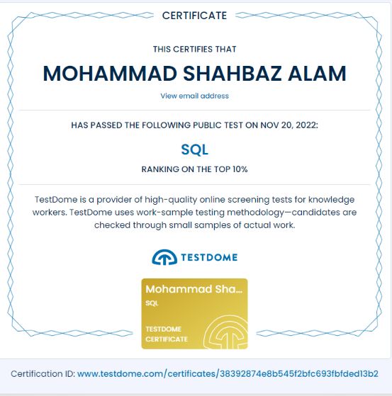 msa_pythonify's tweet card. I’m happy to share that I’ve obtained a new certification: SQL from TestDome! #sql