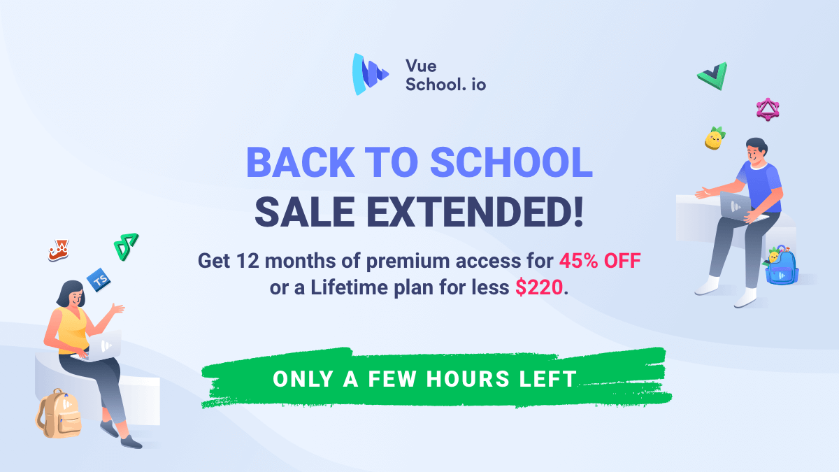 VueSchool_io's tweet card. Learn Vue.js by making use of this awesome deal and get access to 790+ premium video lessons, including the Vue.js 3 Masterclass. Deal expires soon.