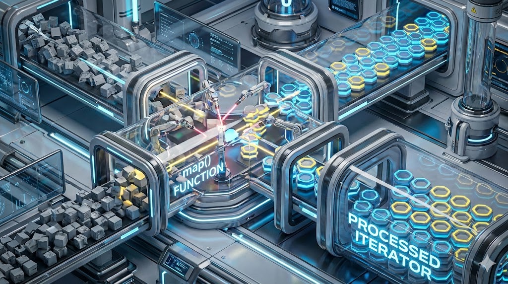 DataCamp's tweet card. Master Python's map() function with practical examples. Learn syntax, lazy evaluation, and when to use map() vs. list comprehensions for memory-efficient code.
