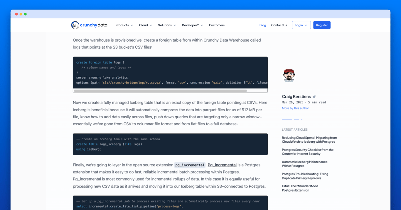 crunchydata's tweet card. How we migrated our internal logging for our database as a service, Crunchy Bridge, from CloudWatch to S3 with Iceberg and Postgres. The result was simplified logging management, better access with...