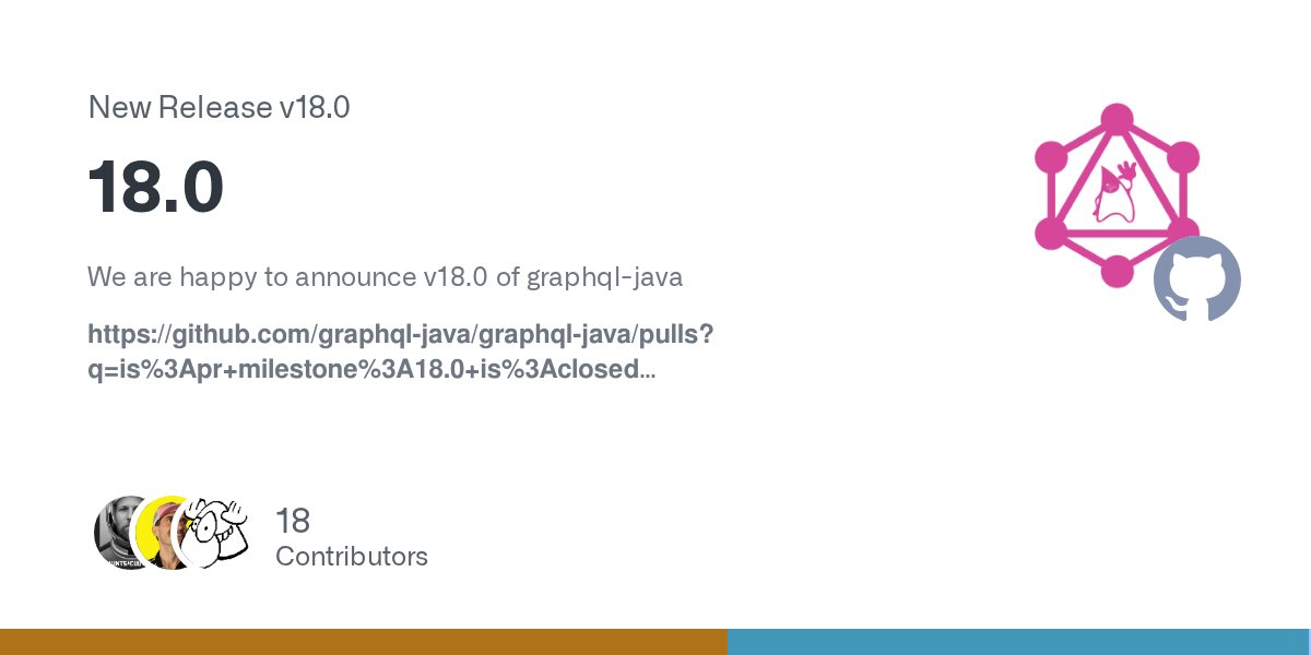 graphql_java's tweet card. We are happy to announce v18.0 of graphql-java https://github.com/graphql-java/graphql-java/pulls?q=is%3Apr+milestone%3A18.0+is%3Aclosed Applied Directives Graphql directives have two modes. They ...