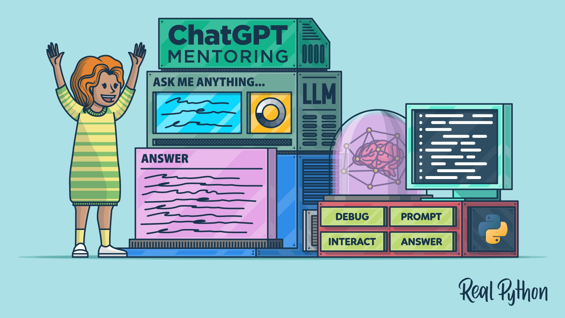 realpython's tweet card. Learn Python with ChatGPT! Get instant help, pair program, fix errors, and explore alternate solutions to grow your Python coding skills.
