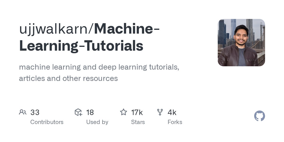 _jaydeepkarale's tweet card. machine learning and deep learning tutorials, articles and other resources - GitHub - ujjwalkarn/Machine-Learning-Tutorials: machine learning and deep learning tutorials, articles and other resources