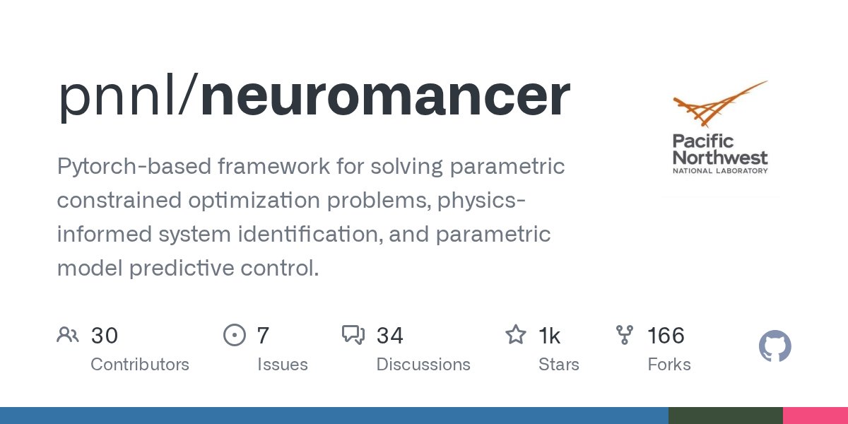 jan_drgona's tweet card. Pytorch-based framework for solving parametric constrained optimization problems, physics-informed system identification, and parametric model predictive control. - GitHub - pnnl/neuromancer: Pyto...