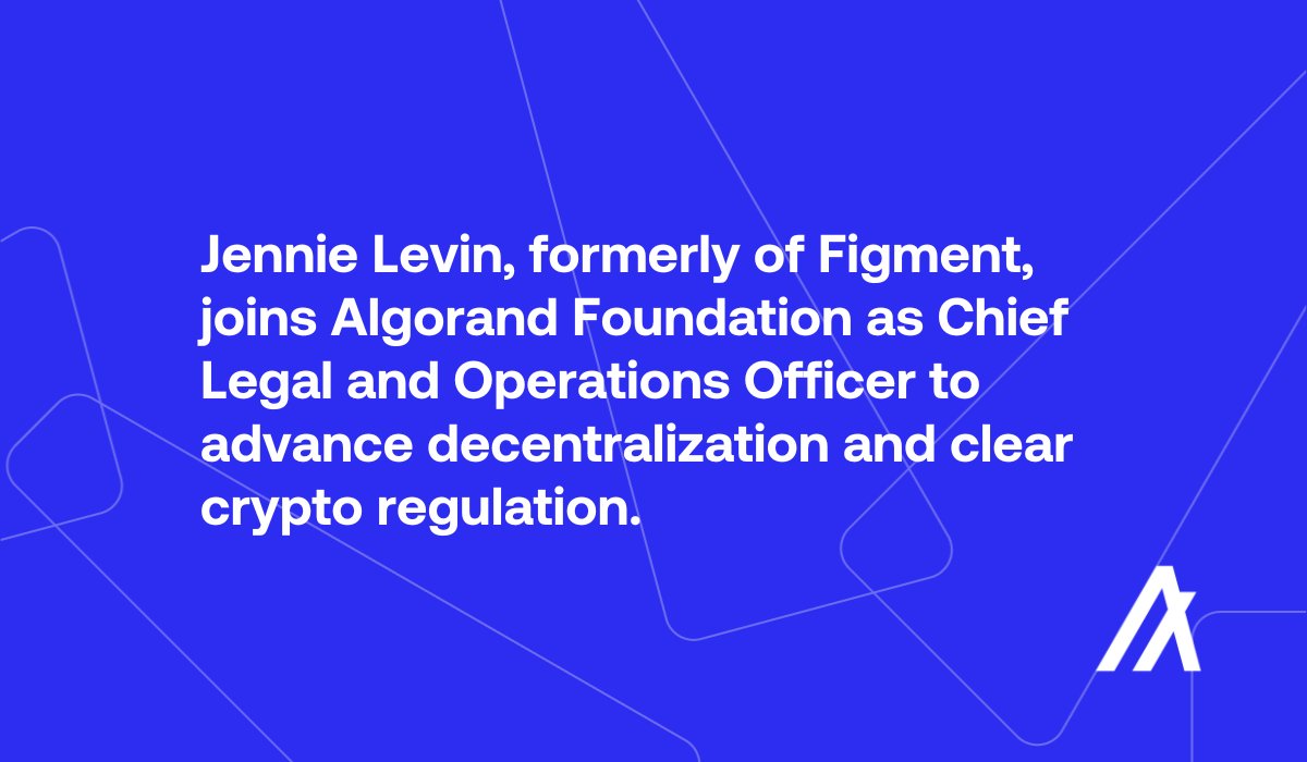 AlexaJaccarino's tweet card. Jennie Levin, formerly of Figment, joins Algorand Foundation as Chief Legal and Operations Officer to advance decentralization and clear crypto regulation.