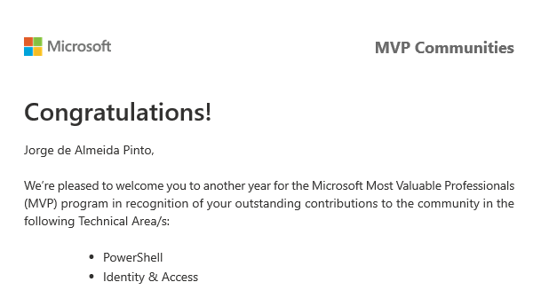 JsQForKnowledge's tweet card. On July 10th I received an e-mail from Microsoft I was re-awarded again with the MVP Award for the Identity & Access and PowerShell Areas. This year is the 20th time I have received this award!…