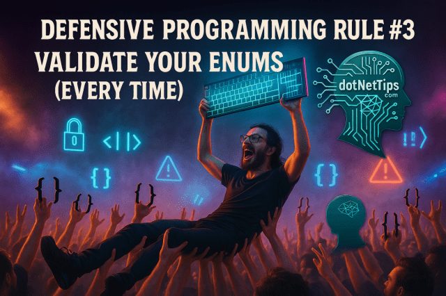 realDotNetDave's tweet card. Enums enhance code readability but can lead to errors if not validated, as any integer can be cast as an Enum, including invalid values. Validating Enum inputs prevents silent data corruption, ensu…